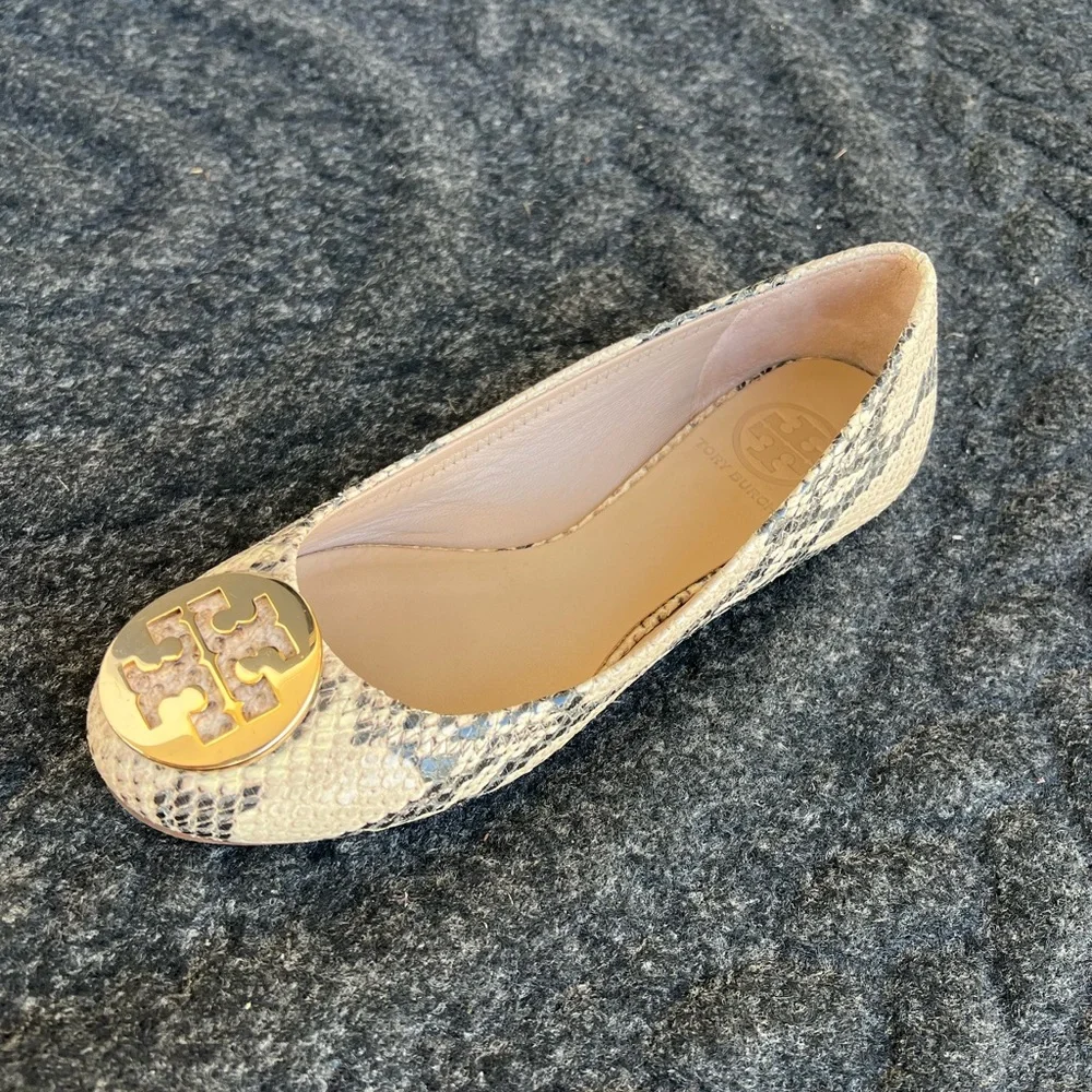 Tory Burch Snake-Print Flats with Gold Logo Medallions